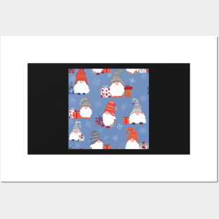 Christmas Gnomes with Snowflakes and Presents on Pale Blue Posters and Art